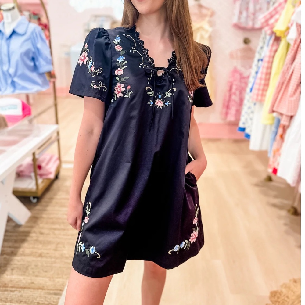 Floral Embroidered Black Dress lace details